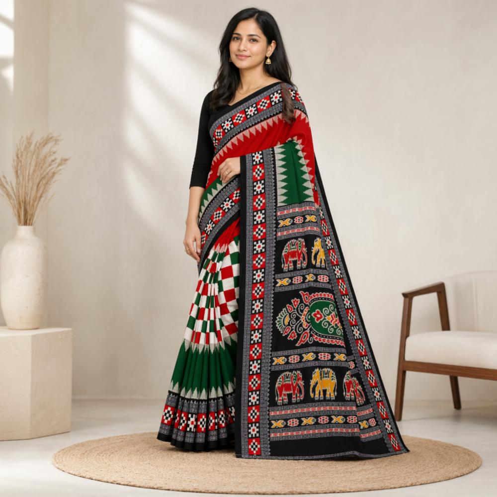 Sambhalpuri Ikat Cotton Printed Saree Without Blouse