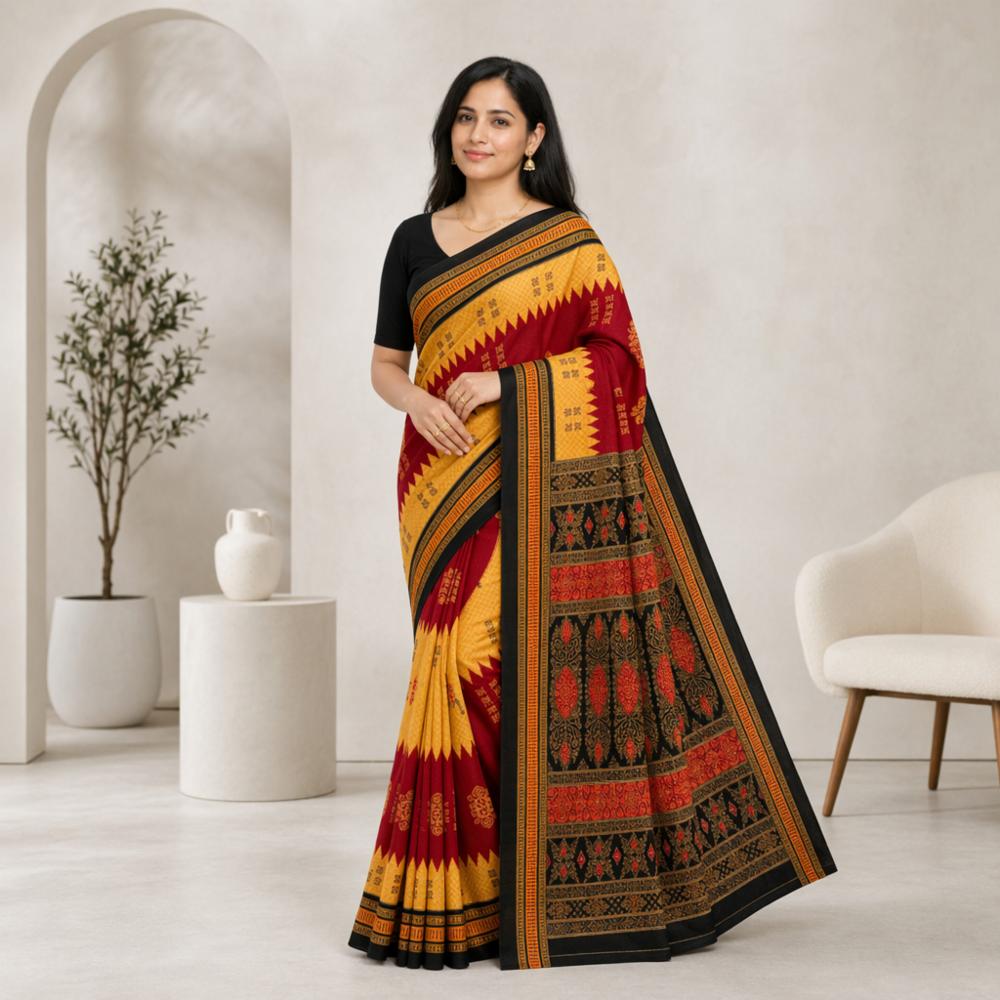 Sambalpuri Ikat Pasapalli Pure Cotton Printed Saree Without Blouse