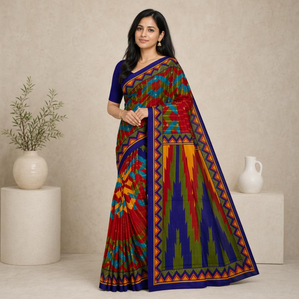 Sambhalpuri Ikat Pasapalli Cotton Printed Saree Without Blouse