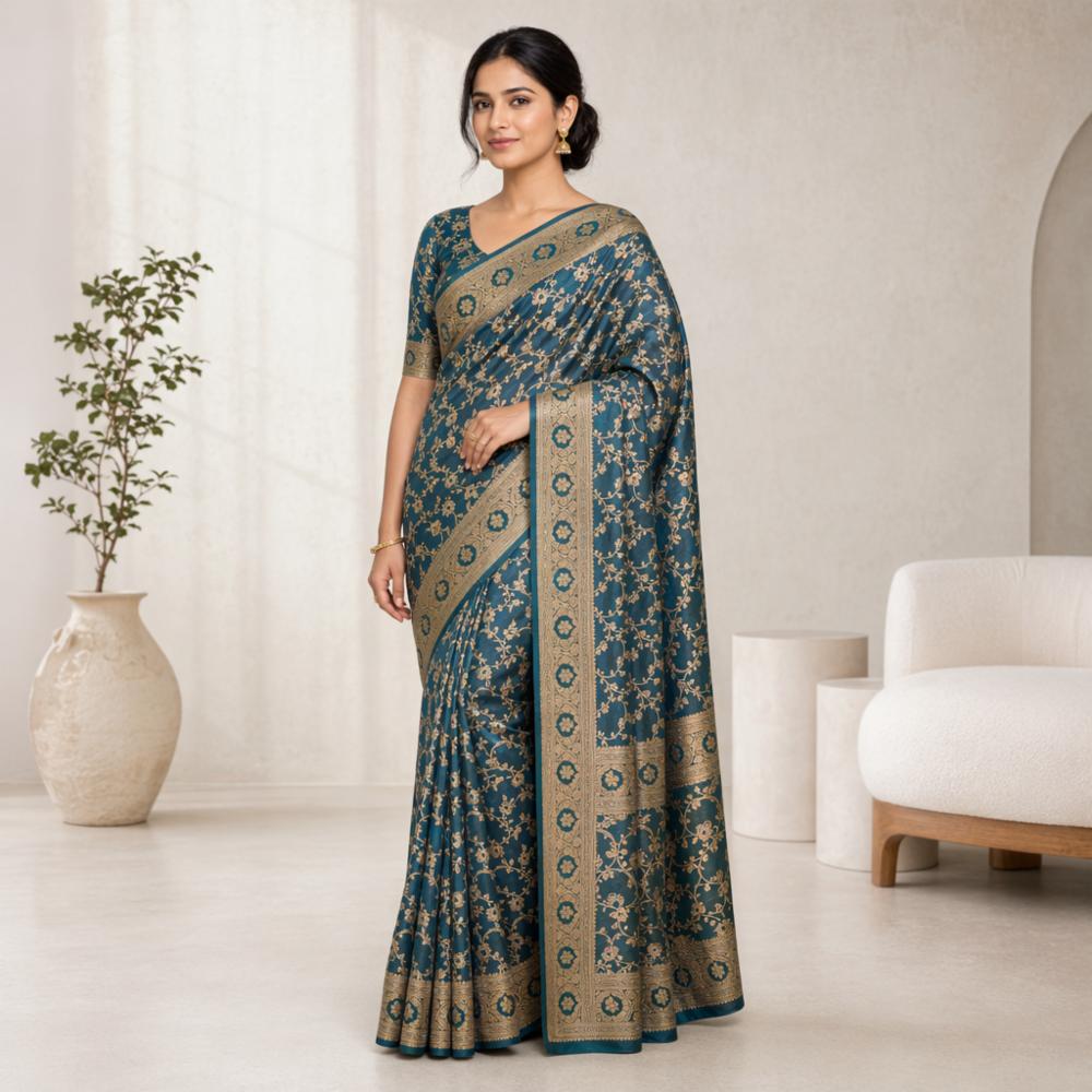 Banarasi Dark Red Muslin Silk Saree with Golden Zari Weaving