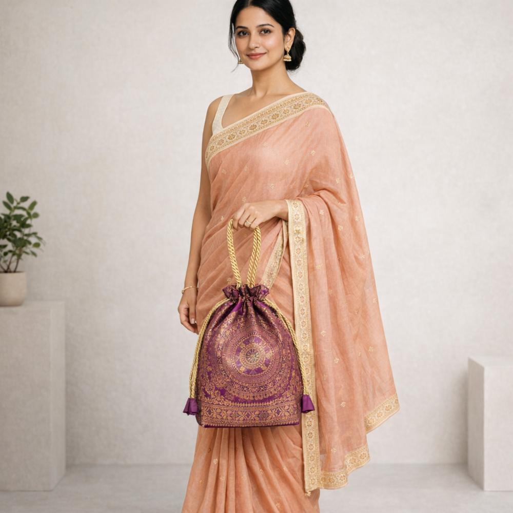 Brocade Fabric Handbags, Potli Bags & Mobile Bags - Multiple Sizes