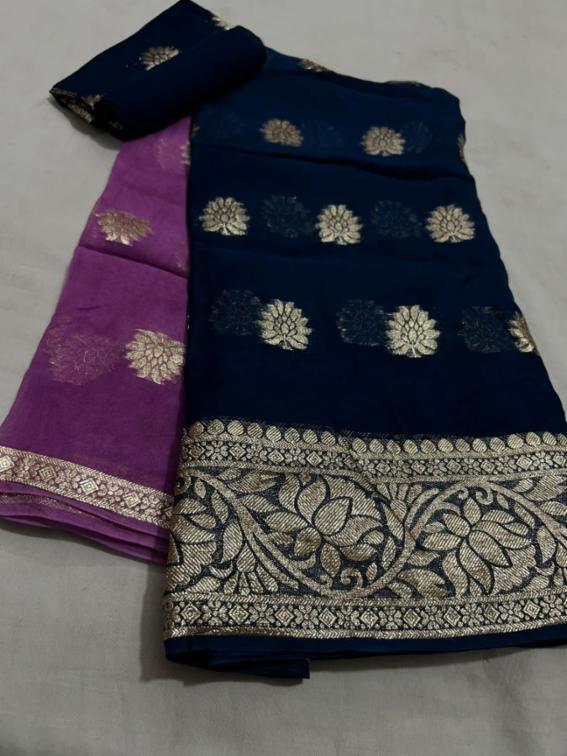 Pure Georgette Viscose Zari Fabric Multi Shaded Saree with Blouse Piece