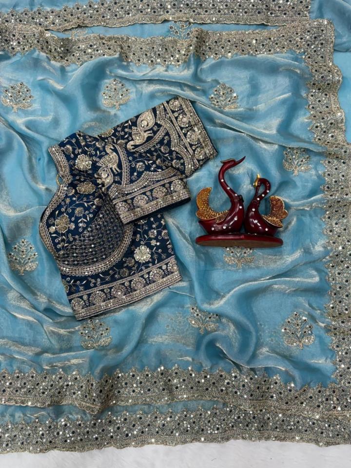 Party Wear Fandy Satin Embroidery Saree with Heavy Border and Stitched Blouse!
