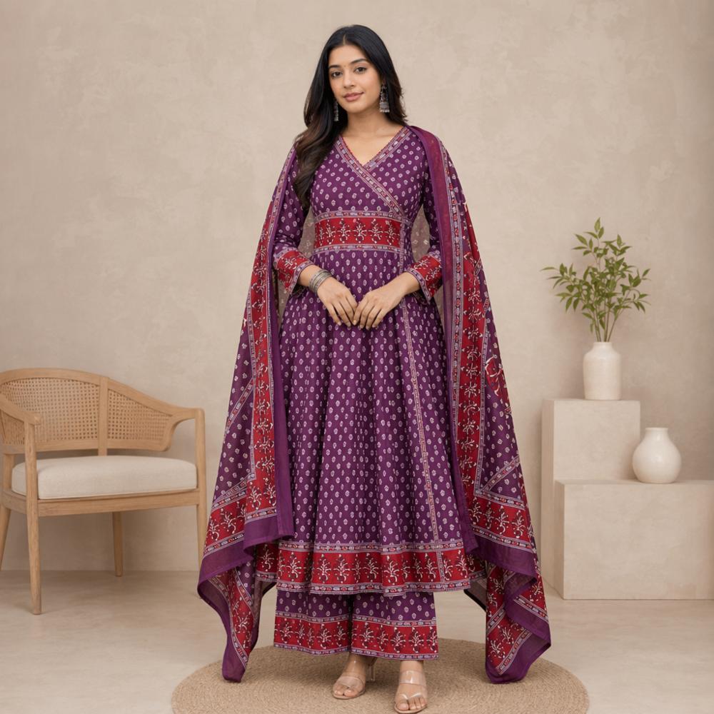 Women's Printed Cotton Angrakha Kurta Set with Pant and Dupatta