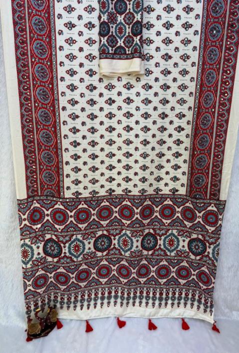 Ajrakh Print Heavy Japan Satin Saree with Mirror Work and Blouse