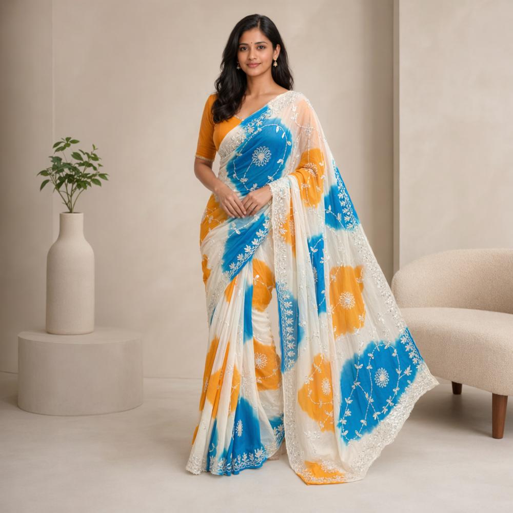 Half Pure Chiffon Saree with Gota Jaal Work and Contrast Blouse