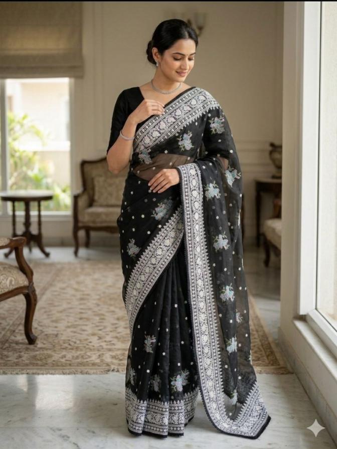 Organza Saree with thread & Silver Zari Embroidery and Banglori Satin Silk Blouse!