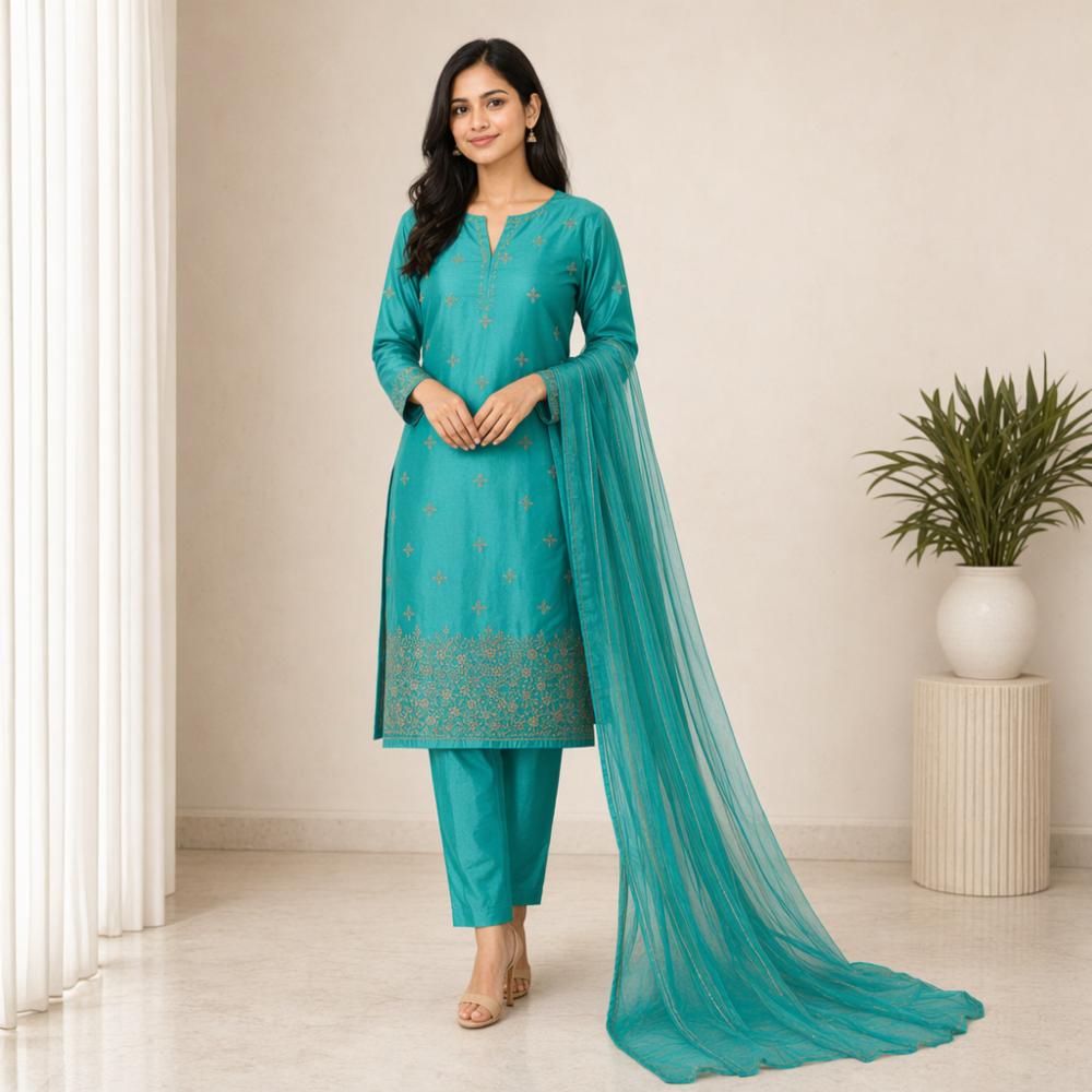 Premium Satin Embroidered Unstitched Dress Material for Women - Top, Bottom & Dupatta Set - Party Wear Ethnic Suit Fabric