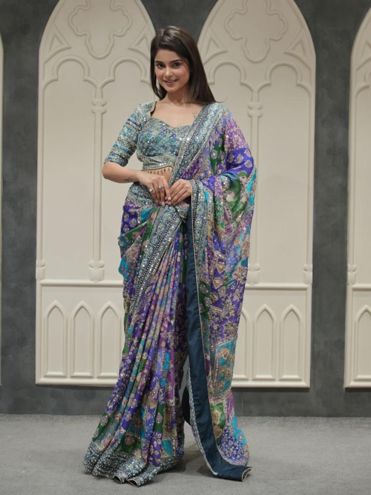 Soft Chinnon Designer Printed Saree with Mirror and Zari Work