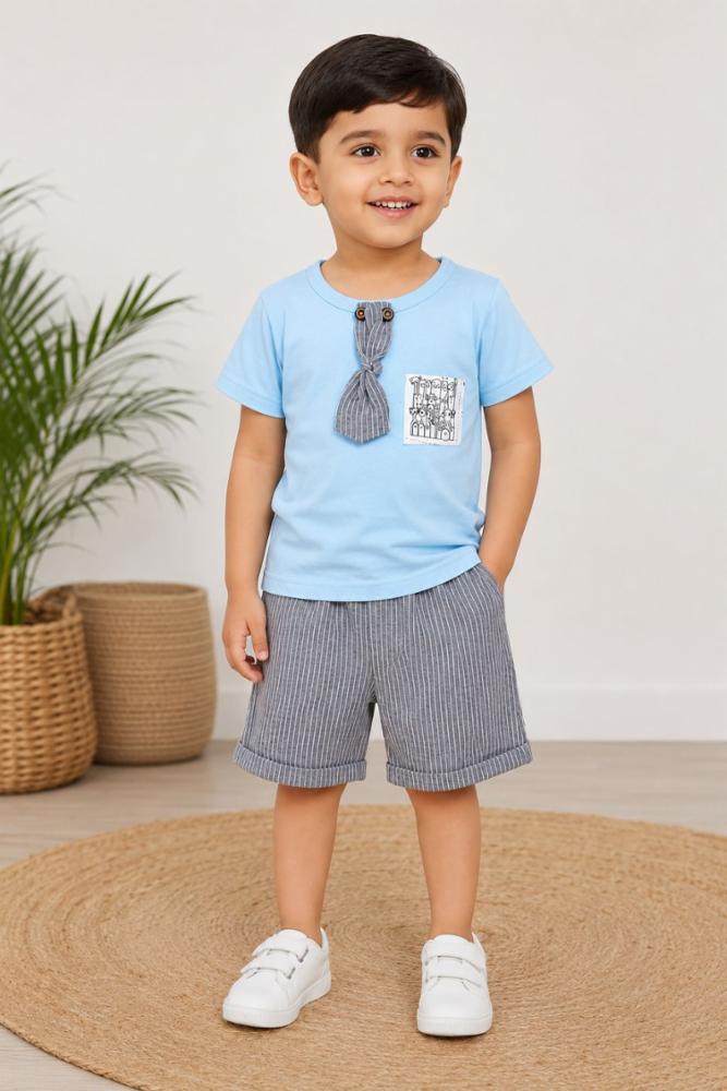 Boys' 2-Piece Cotton Summer Set Sky Blue T-Shirt & Grey Shorts 2-4 Years