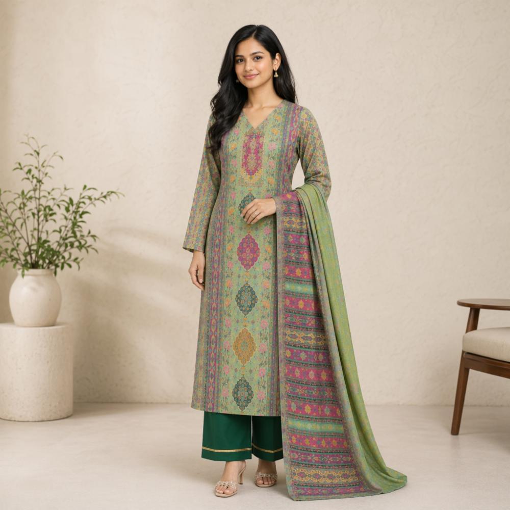 Digital Printed Dola Jacquard Unstitched Suit with Aari Mirror Work & Dupatta - Bottle Green