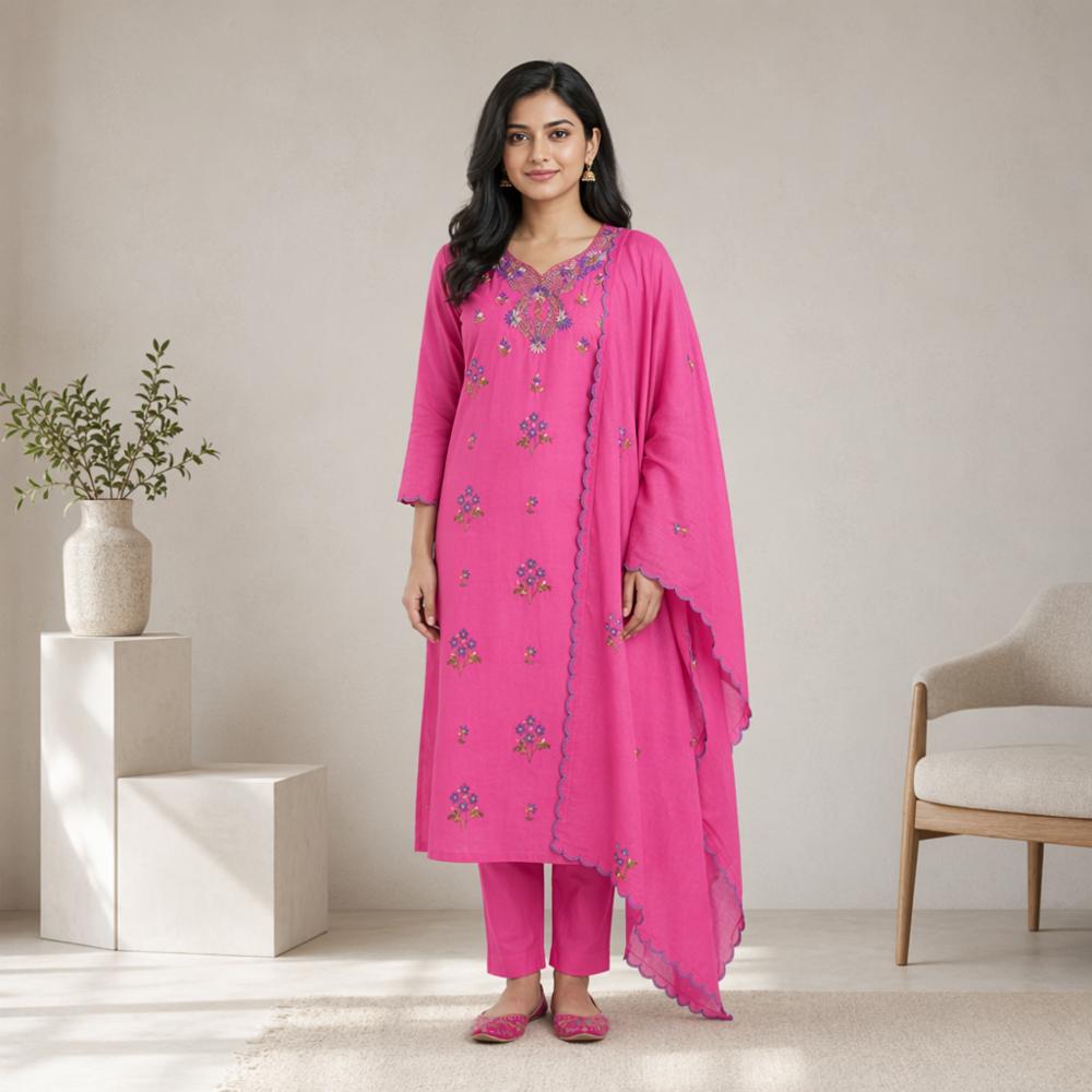 Heavy Cotton Unstitched Suit Set with Embroidered Neck and Scalloped Dupatta (Purple Floral, 3-Piece, Free Size)