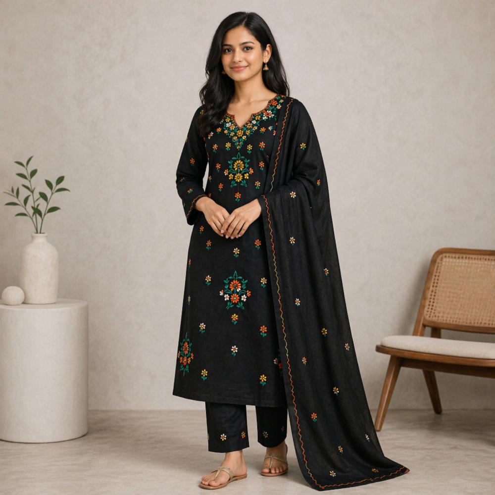 Pure Cotton Black Phulkari Embroidered Unstitched Dress Material Set for Women