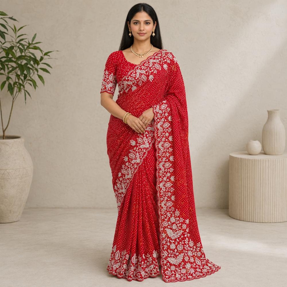 Soft Georgette Bandhej Saree with Thread Pita Work and Heavy Mono Blouse (Unstitched)