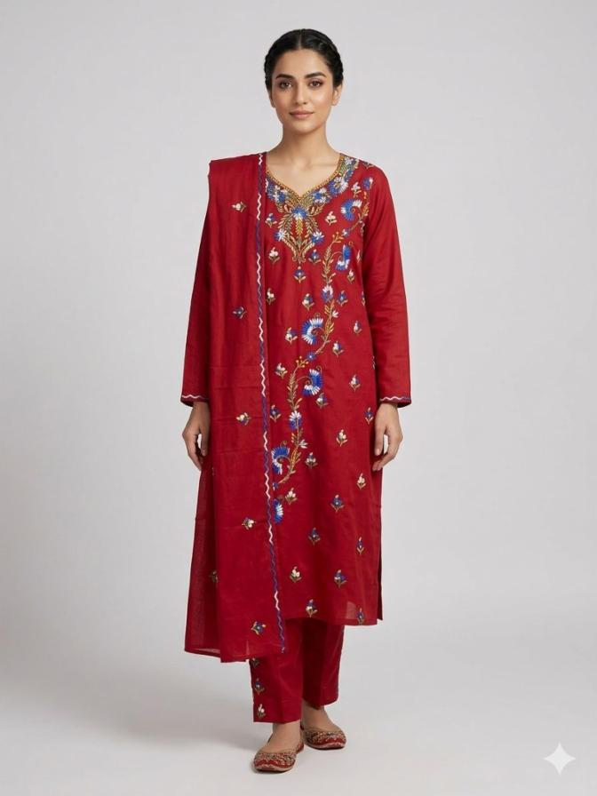 Pure Cotton Maroon Phulkari Embroidered Unstitched Dress Material for Women