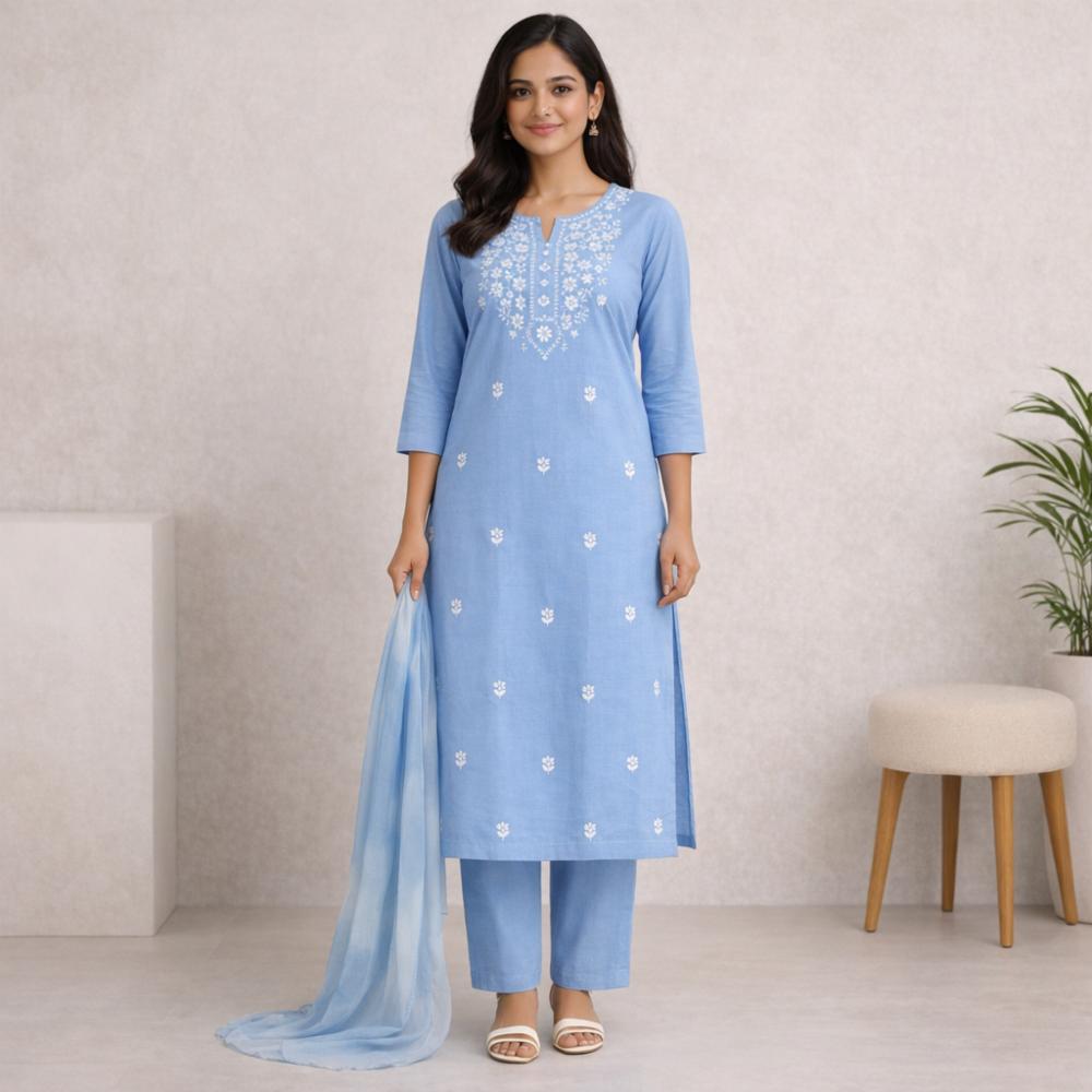 Women Cotton Embroidered Kurta Pant Dupatta Set XL