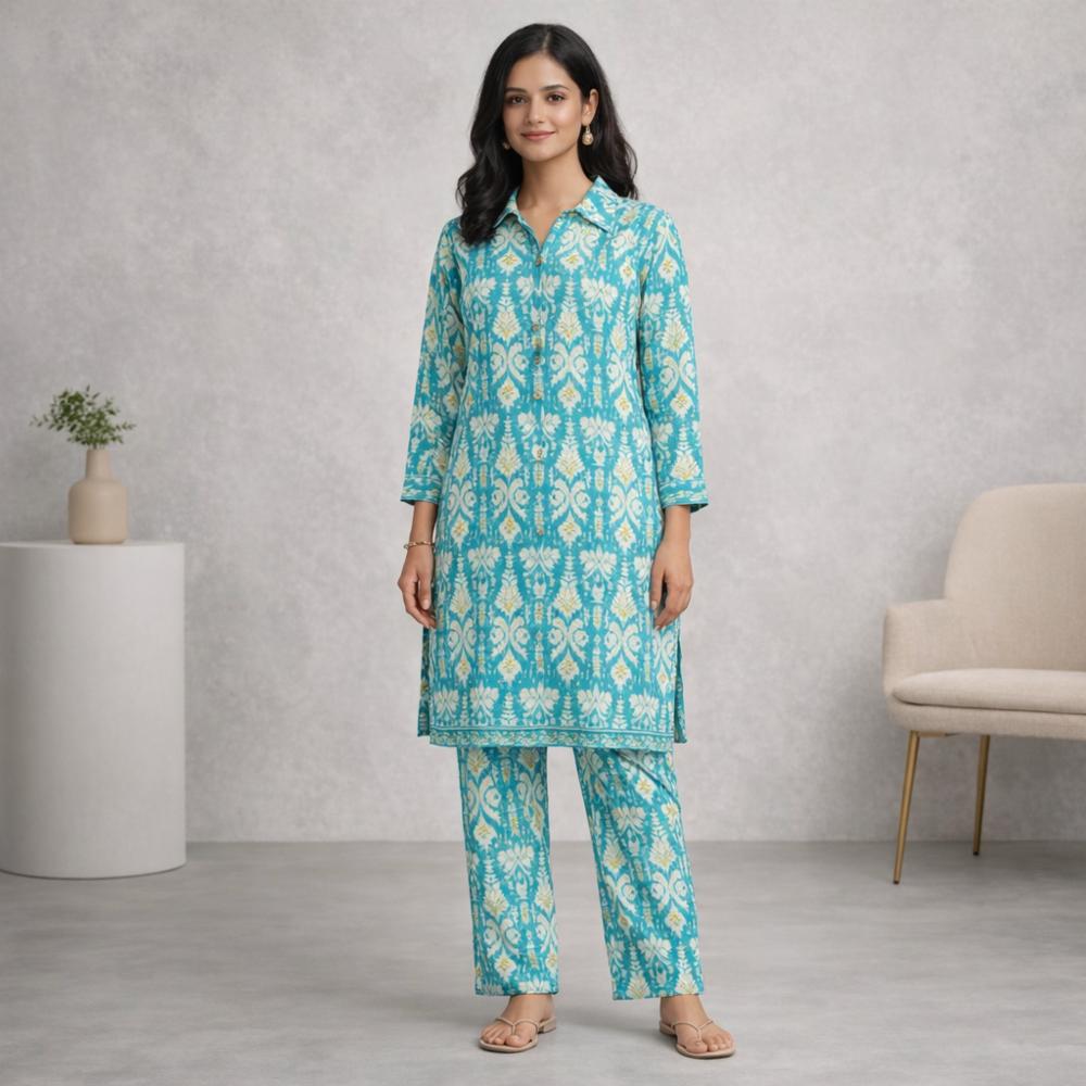 Rayon Teal Ikat Print Co-ord Set with Shirt Collar and Straight Pants - XL