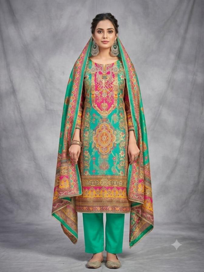 Dola Jacquard Suit Set with Aari Mirror Work, Santoon Pants & Digital Printed Dupatta