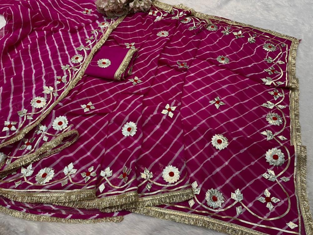 Semi Chiffon Leheria Saree with Charkhi Gotta Work