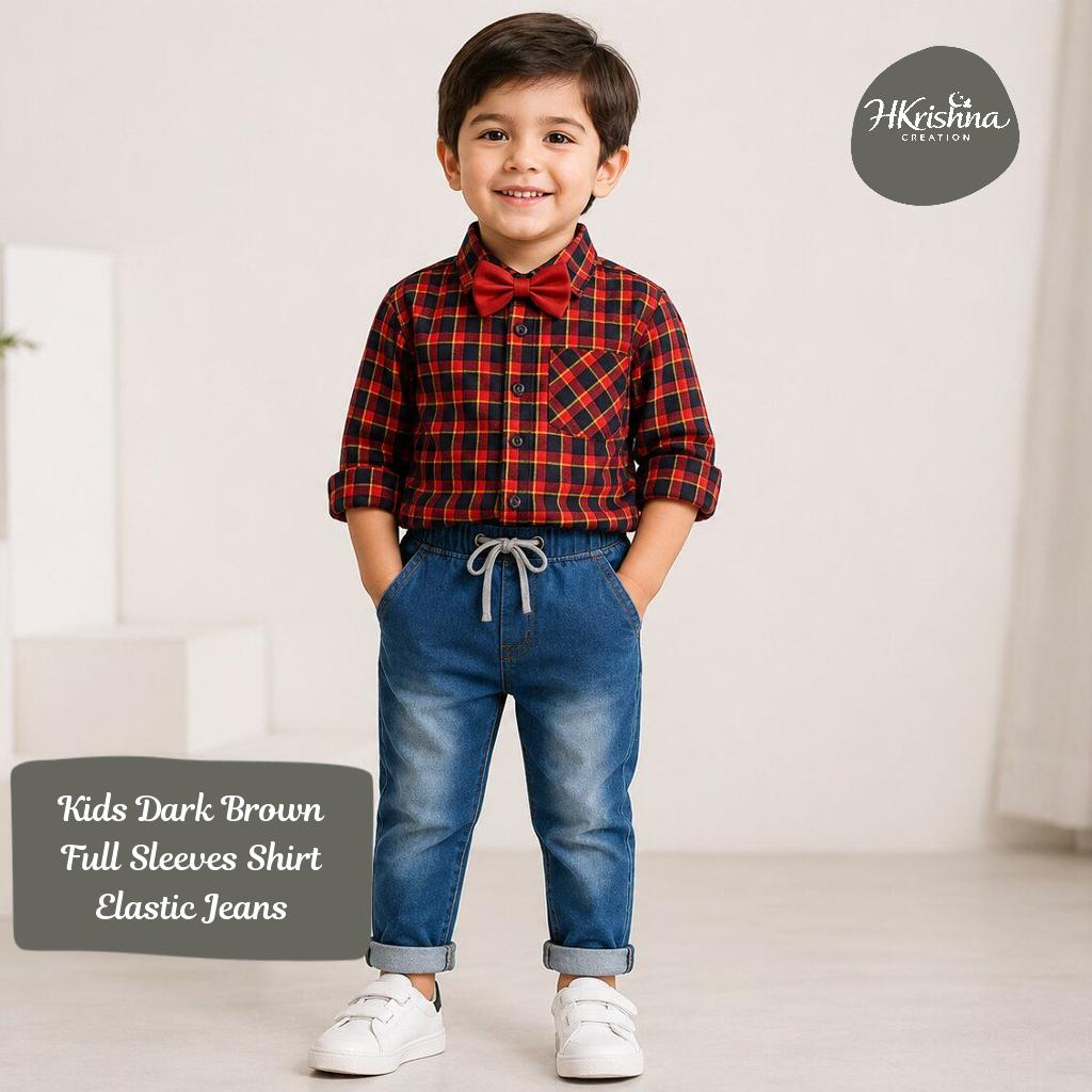 Kids Dark Brown Full Sleeves Shirt and Elastic Jeans Boys 