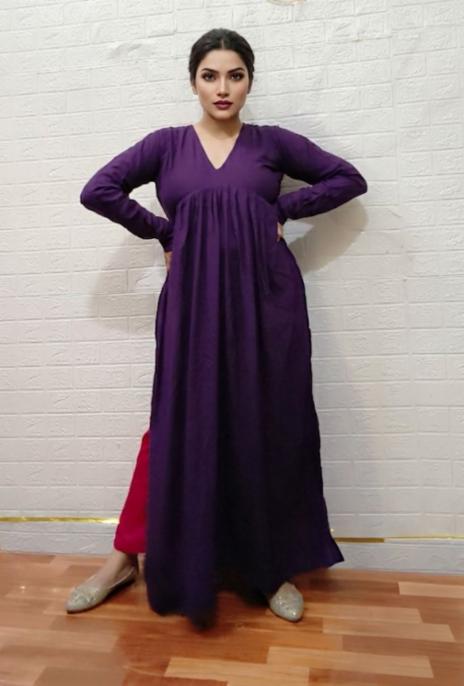 Aaliya Cut Kurta Pant Set in Dark Purple and Pink Rayon!