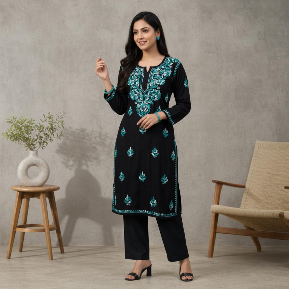 Black Shaded Lucknowi Pure Handwork Chikankari Rayon Kurti