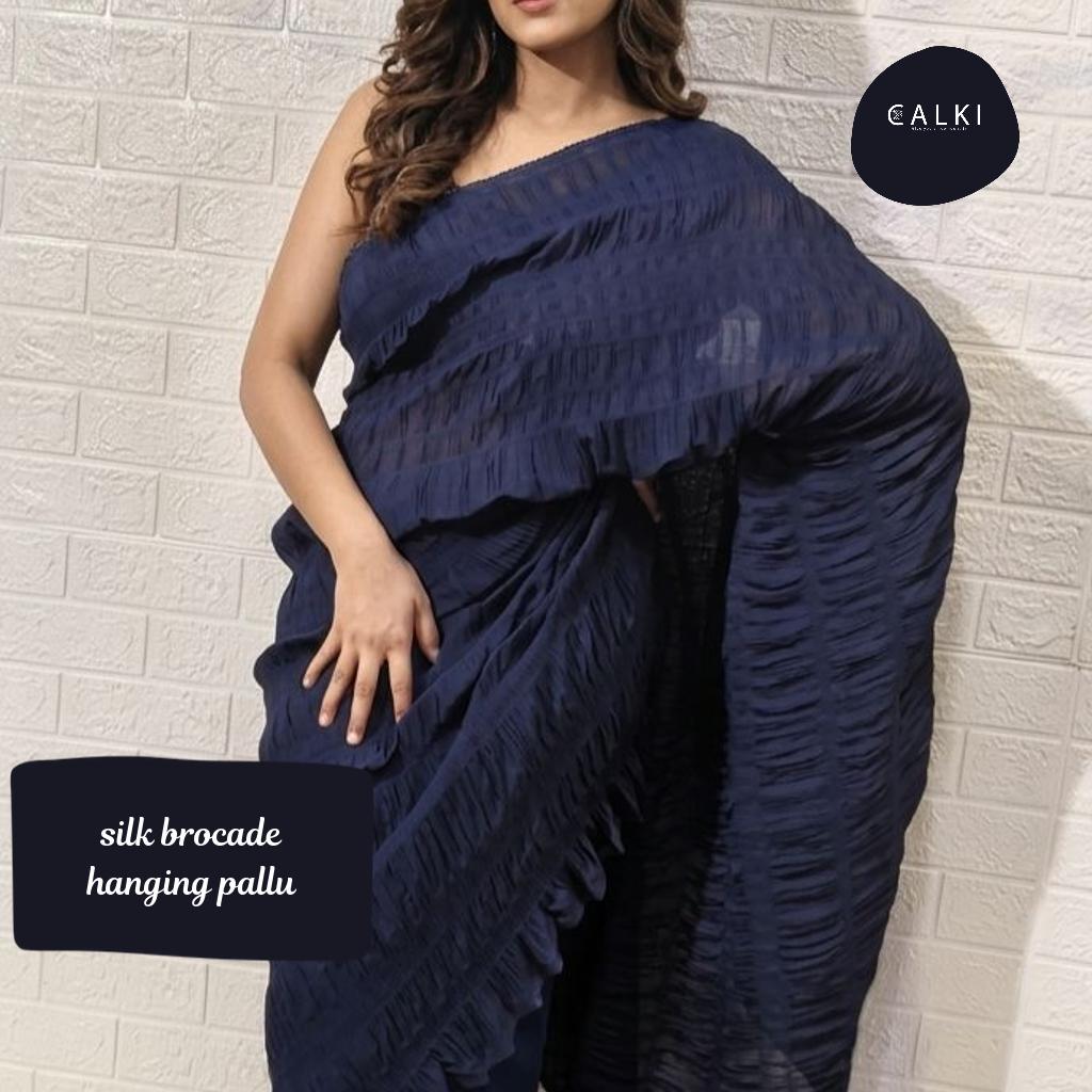 Navy Blue Silk Brocade Blouse with Georgette Saree and Hanging Pallu!