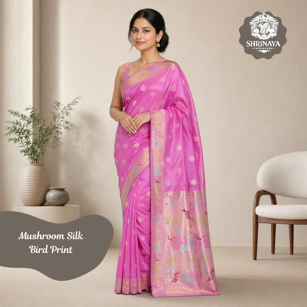 Mushroom Silk Saree with Golden Zari Border and Peacock Print!