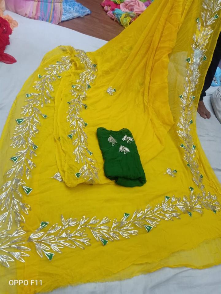 Designer Red Chiffon Saree with Paper Gota Work and Blouse Piece