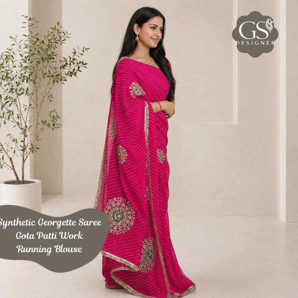 Synthetic Georgette Saree with Gota Patti Work and Running Blouse