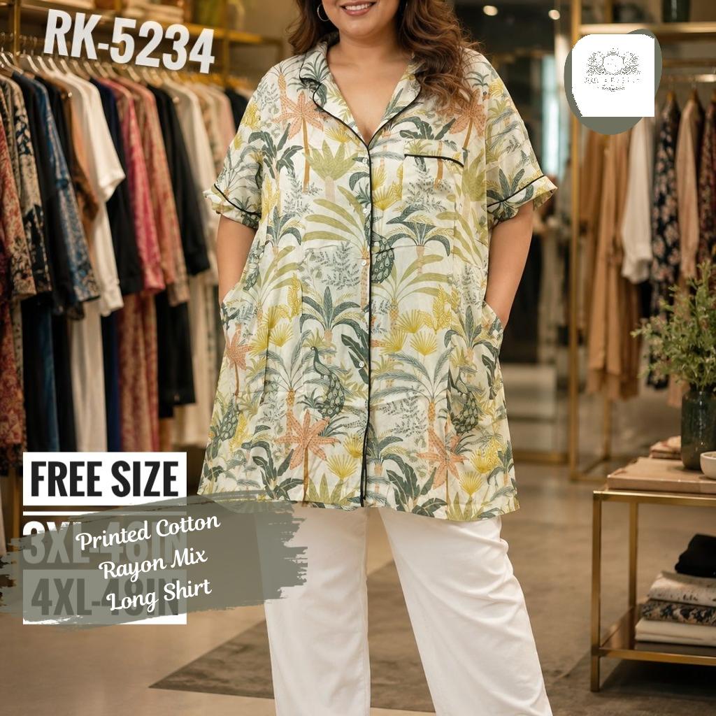 Printed Cotton Rayon Mix Long Shirt Free Size 4XL 33in