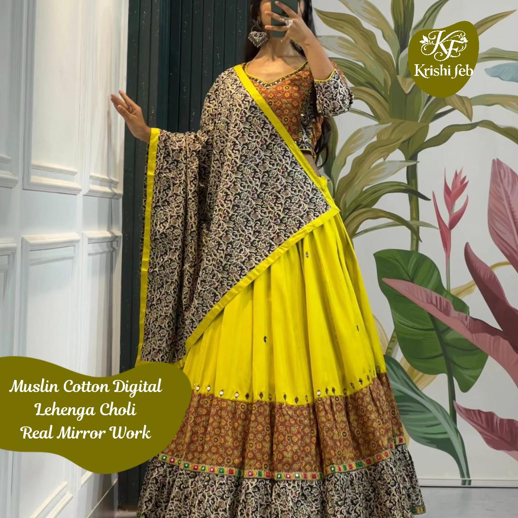 Muslin Cotton Digital Print Lehenga Choli with Real Mirror Work and Dupatta
