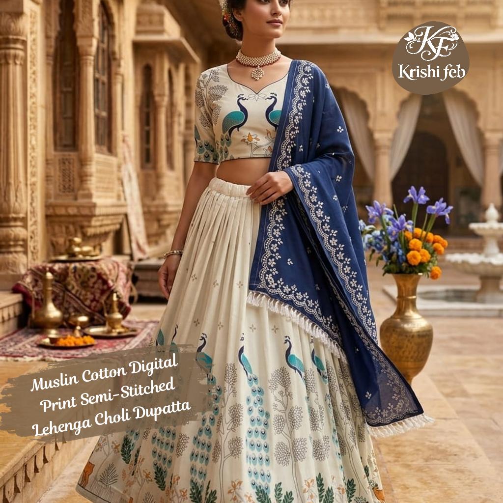 Muslin Cotton Digital Print Semi-Stitched Lehenga Choli with Dupatta