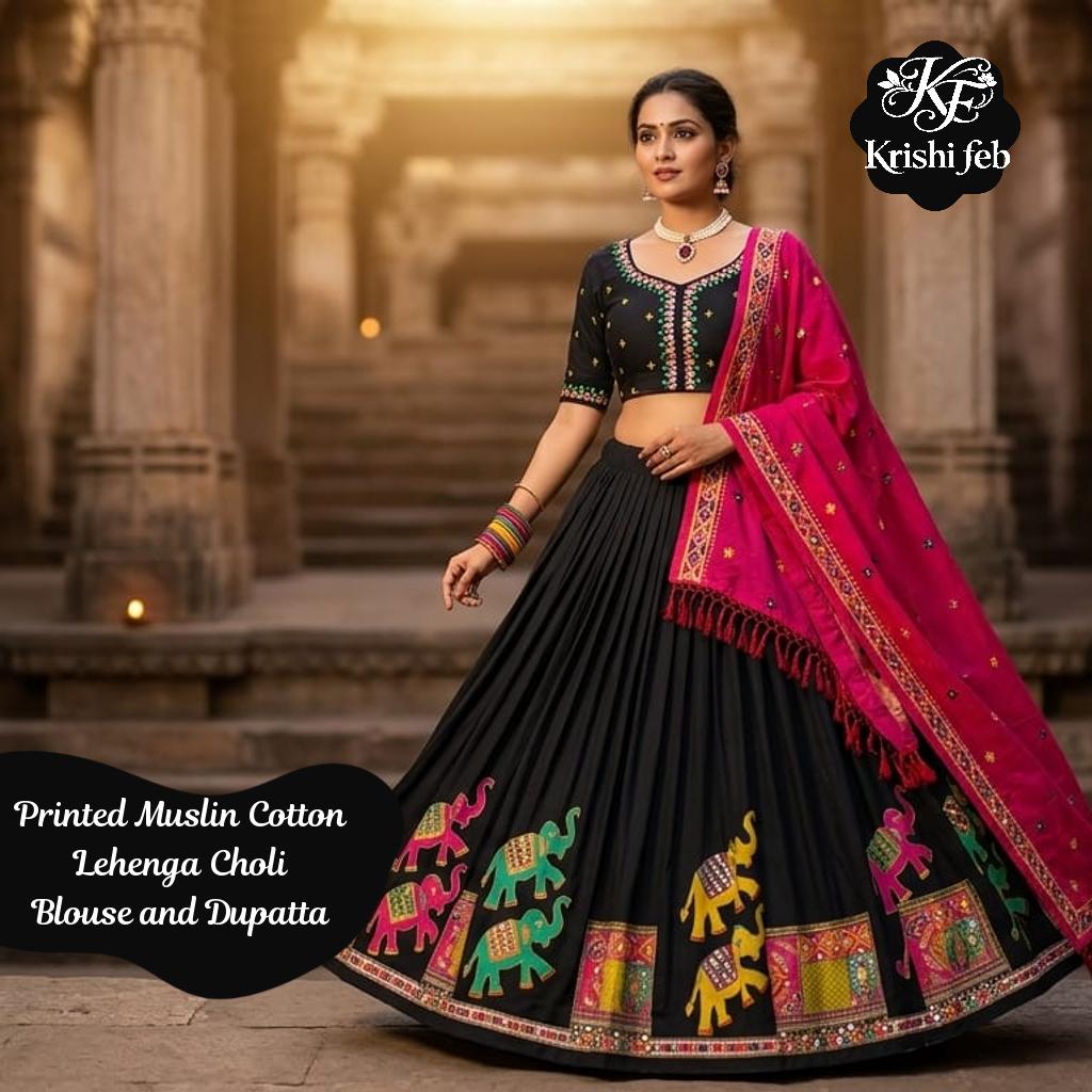 Printed Muslin Cotton Lehenga Choli with Mirror Work Blouse and Dupatta
