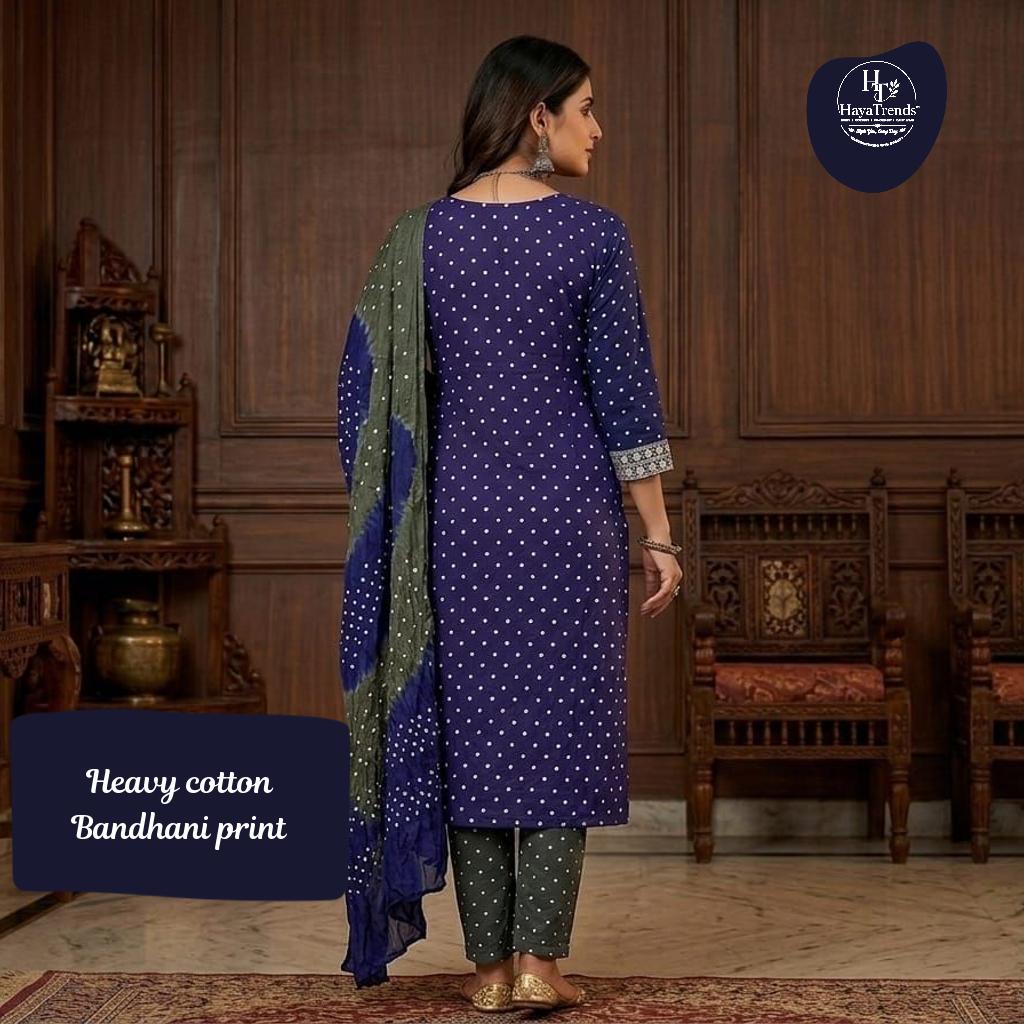 Navy Blue & Dark Gray Heavy Cotton Bandhani Unstitched 3-Piece Suit Set with Embroidery