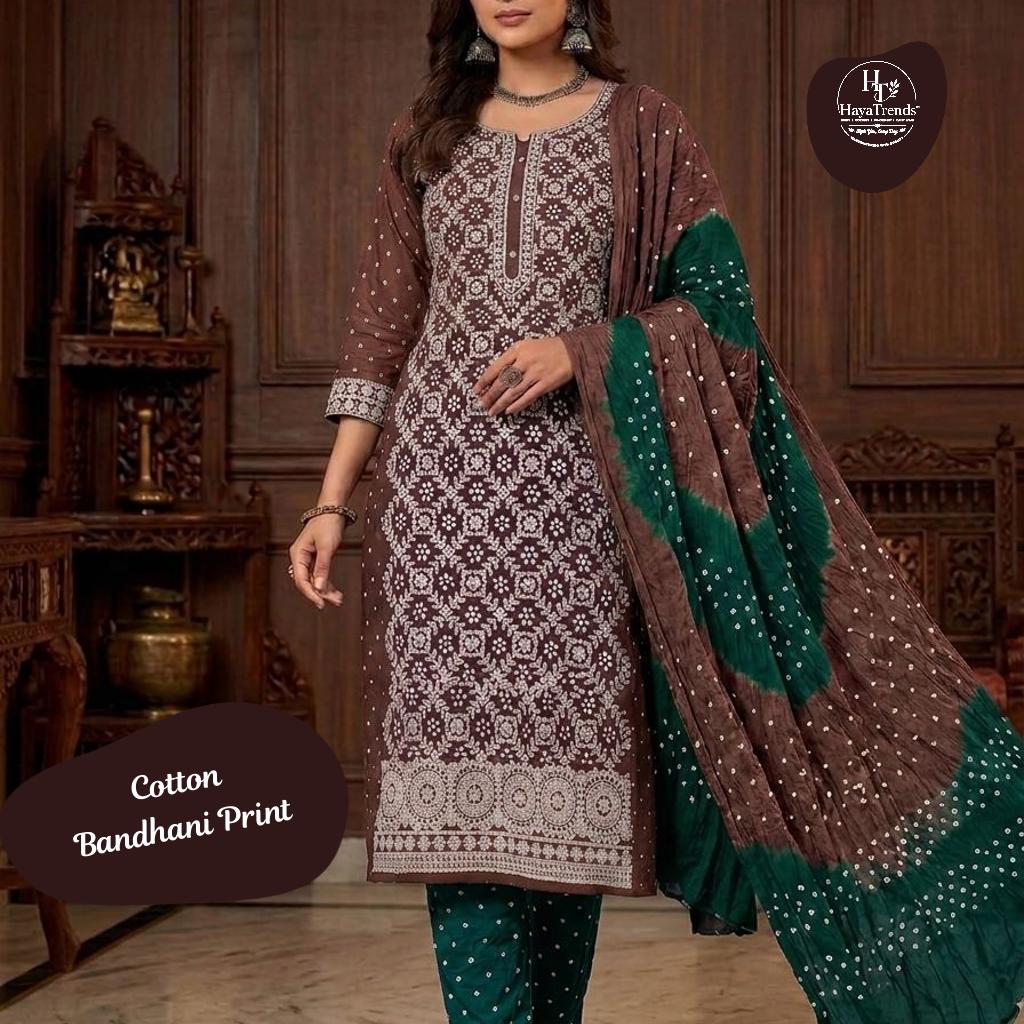 Premium Handloom Kotha Work & Bandhani Print Unstitched Dress Material Set - Chocolate Brown, Deep Green & Cream