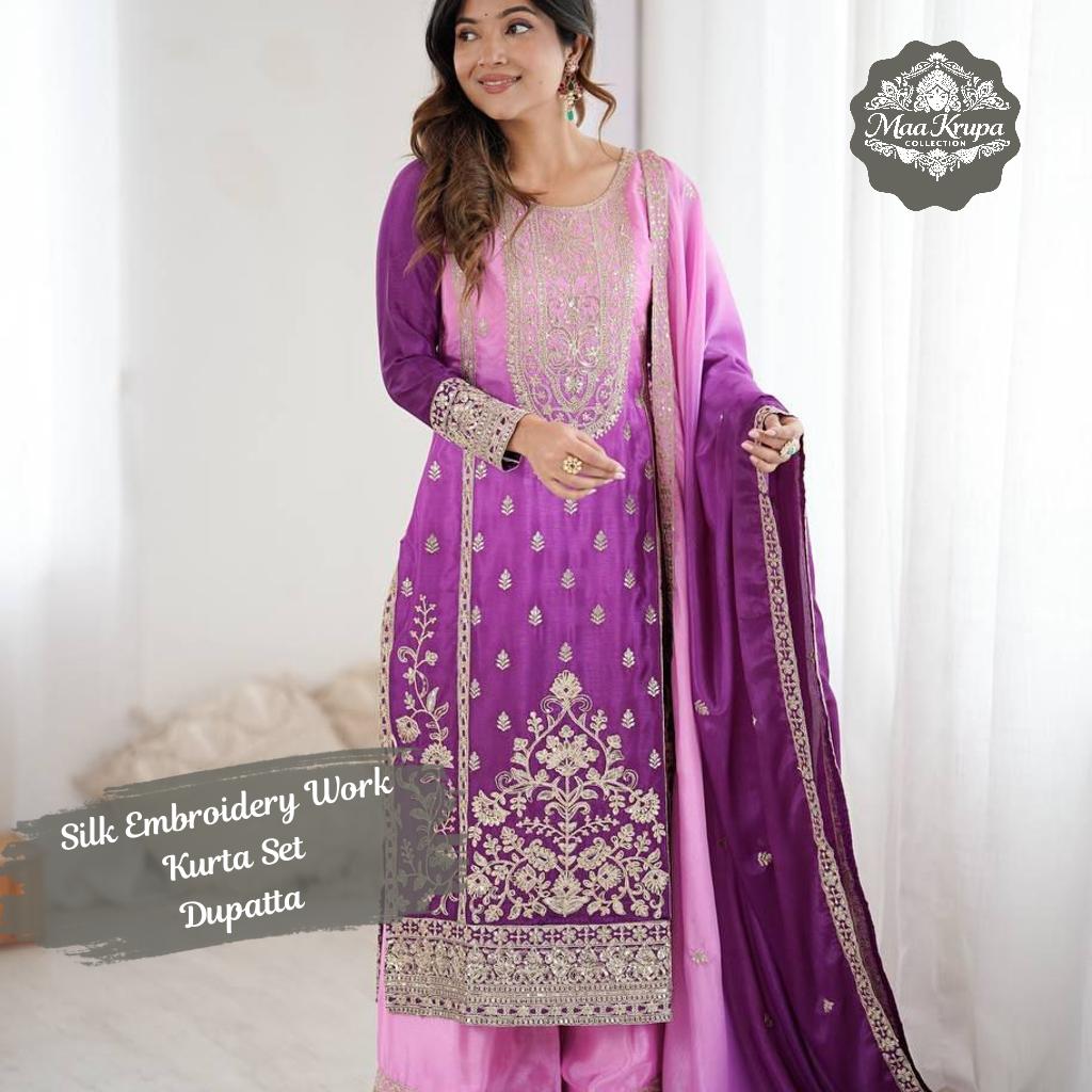 Chinon Silk Embroidery Work Kurta Set for Women with Dupatta