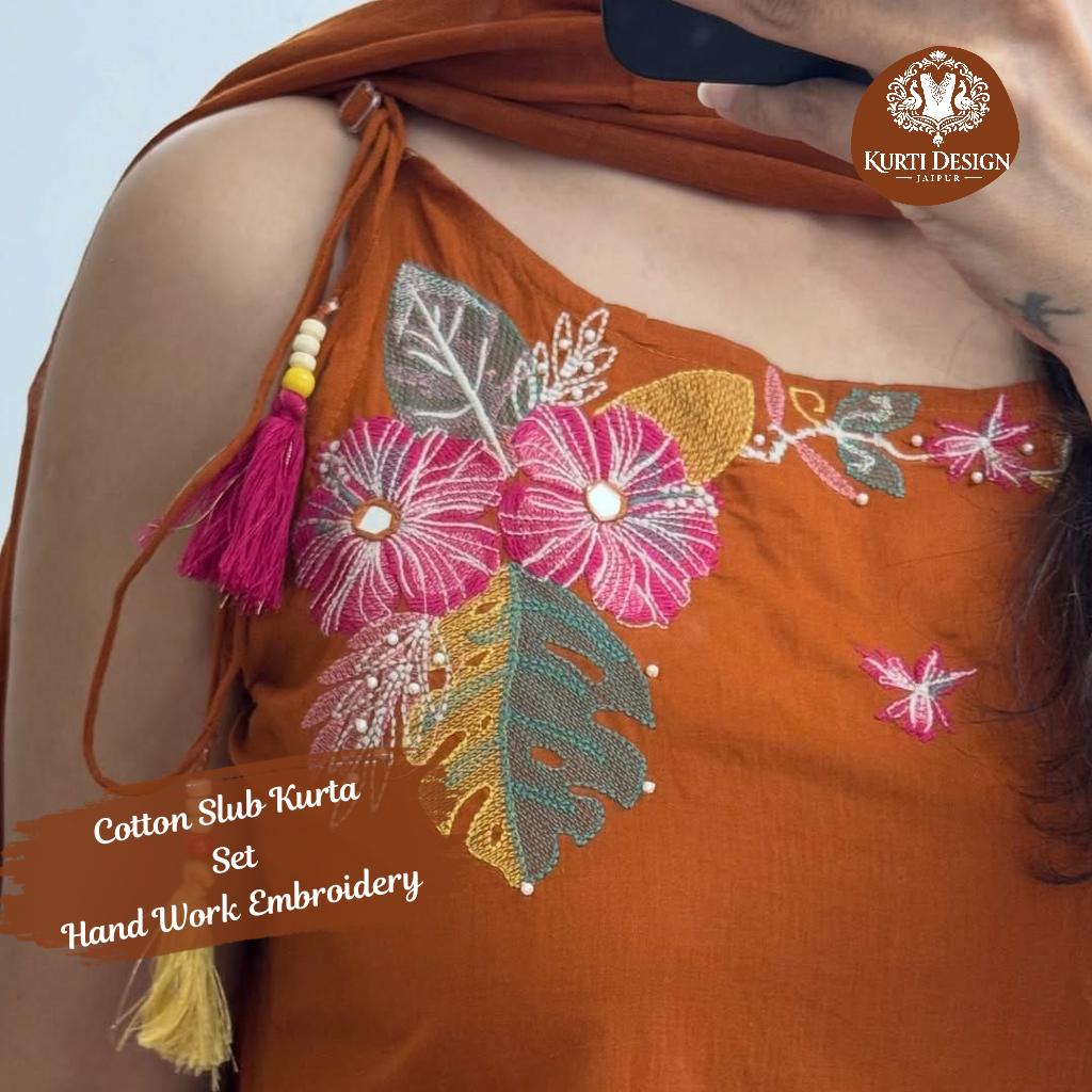 Cotton Slub Kurta Set with Hand Work Embroidery and Mirror Work