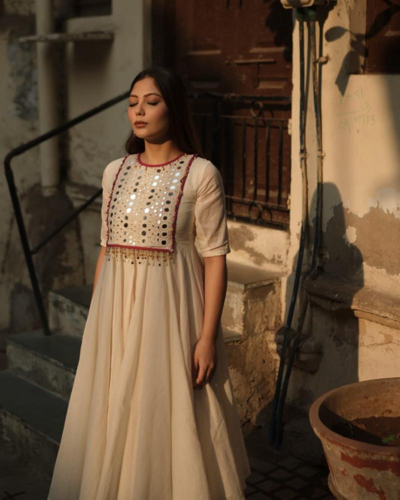Pure Cotton Anarkali Kurta Set with Mirror Embroidery