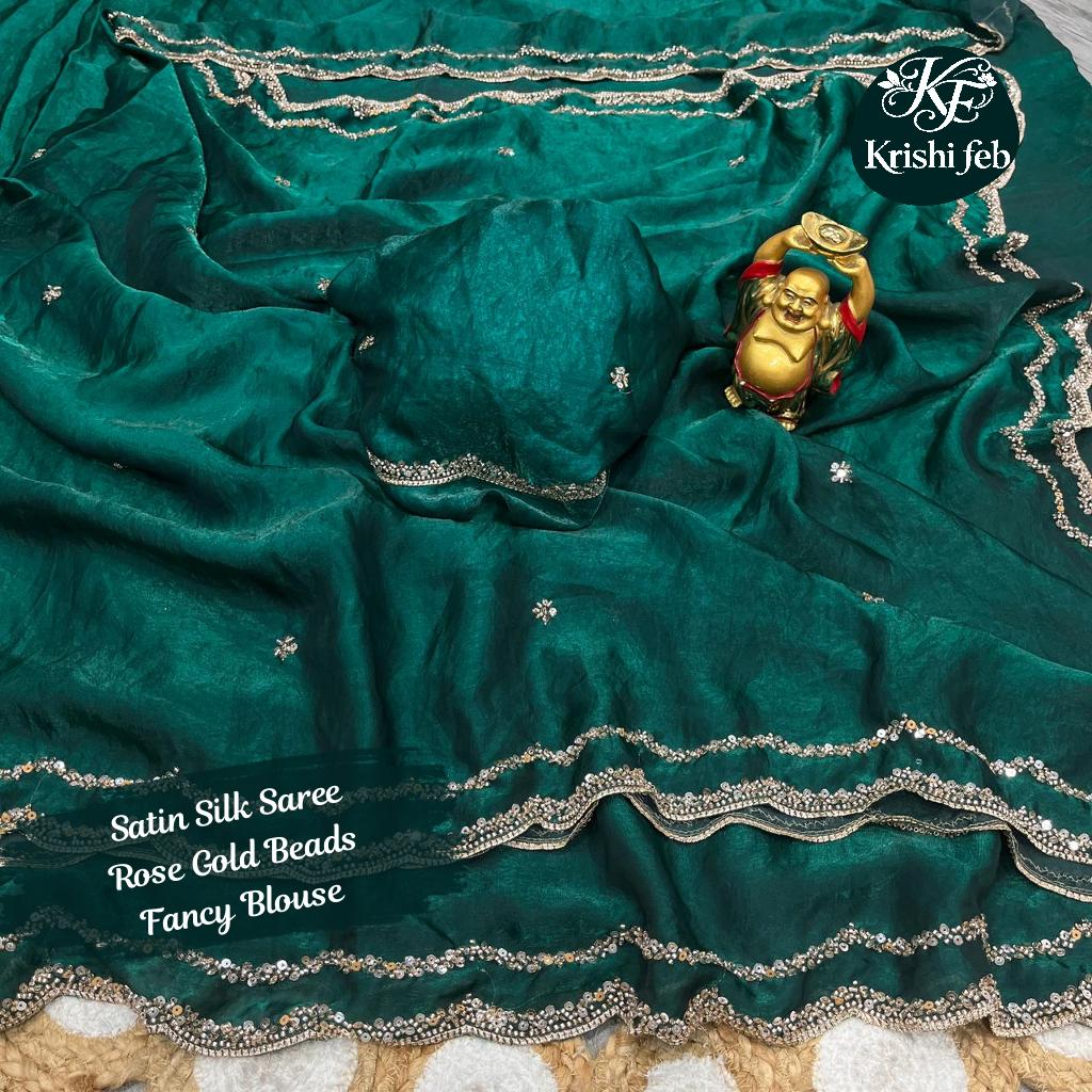 Pure Fandy Satin Silk Saree with Rose Gold Beads Work and Fancy Blouse