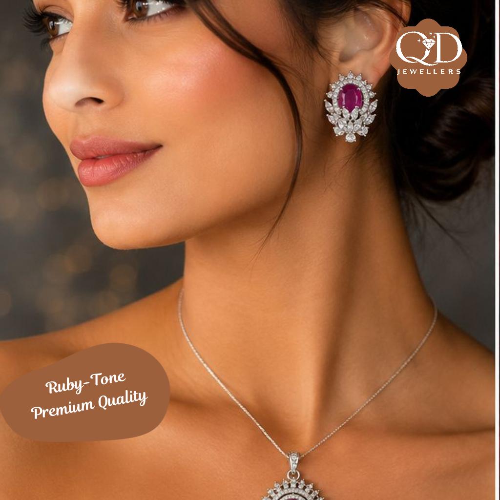 Ruby-Tone Pendant and Earrings Set with Floral Halo Design!