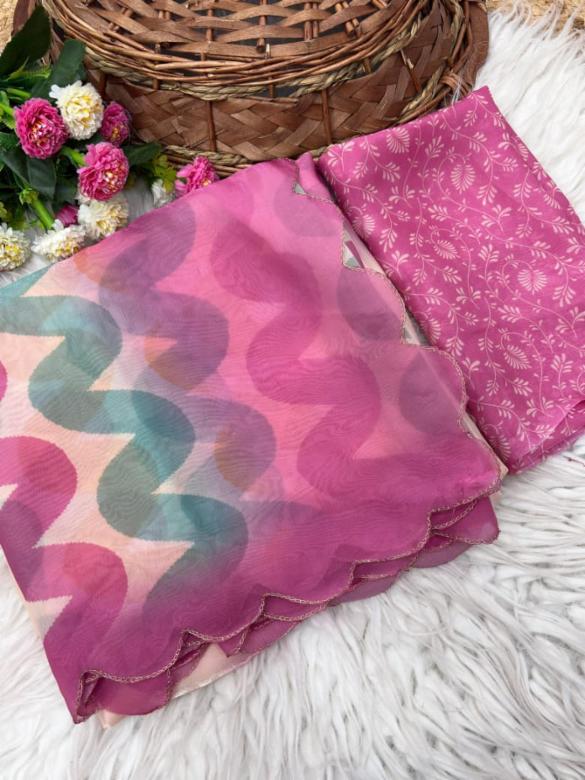 Fandy Satin Digital Print Saree with Arco Work and Blouse