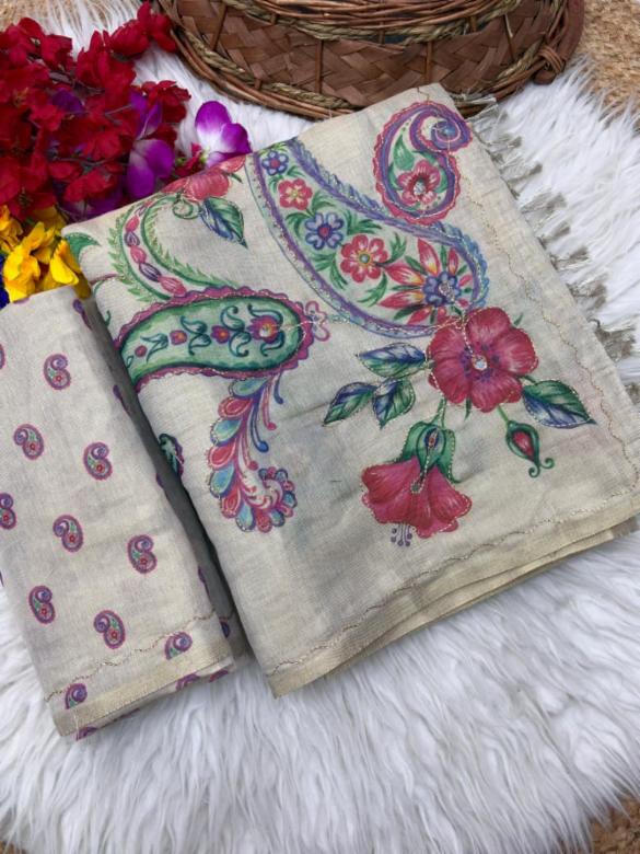 Swarna Silk Saree with Digital Print, Aari Work & Tassels