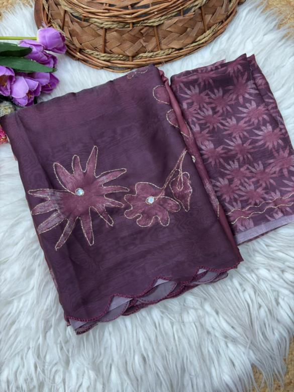 Fandy Satin Digital Print Saree with Aari and Mirror Work