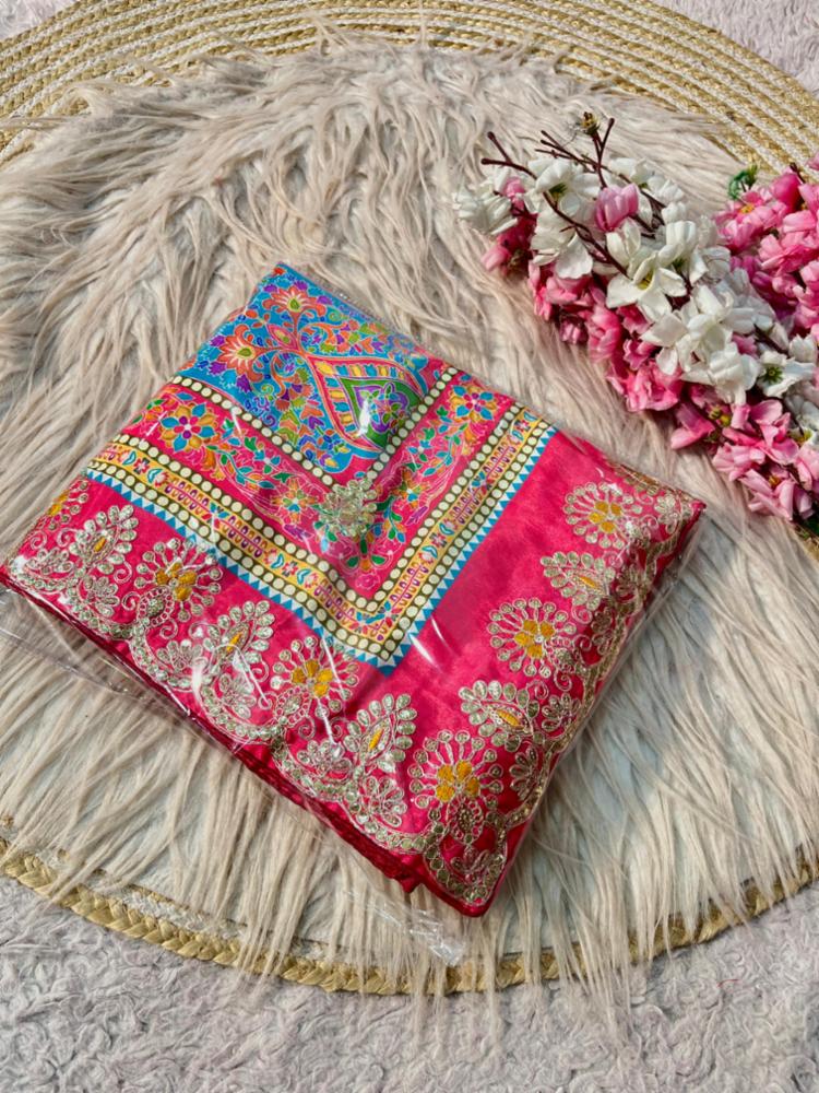 Soft Chinnon Digital Print Saree with Gottapatti Work and Kalamkari Inspired Print