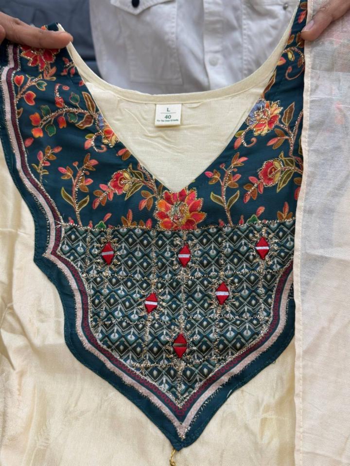 Banarasi Woven Suit Set with Hand Zari Work, Top, Pant, and Dupatta!