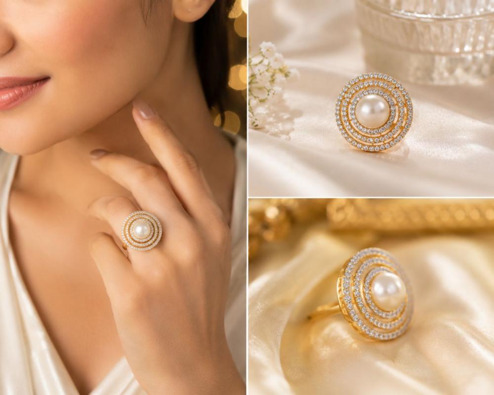 Pearl Radiance Dual-Tone Statement Ring with CZ Stones, Adjustable!