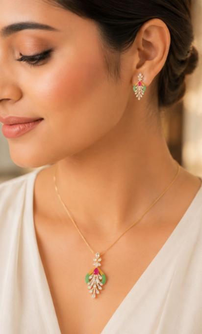 Triveni Bloom Pendant Set with Green and Pink Enamel Accents!