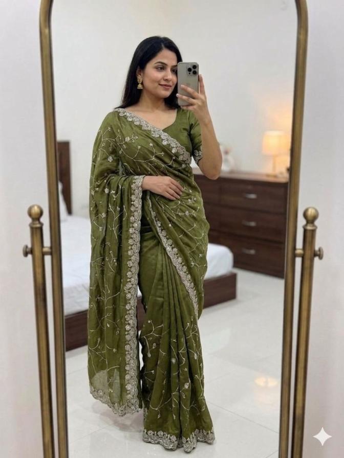 Premium Rangoli Crush Embroidered Saree with Sequence and Zari Work