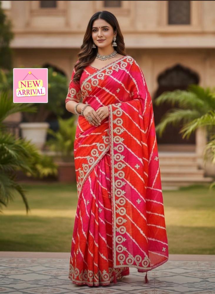 Chinon Silk Lahriya Multi Prism Saree with Ribbon Gota Work